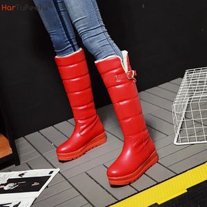 Botas inverno feminino joelho botas altas à prova d 'água pu couro pelúcia quente pele de cordeiro blak branco vermelho cunhas sapatos mulheres botas de neve 231122