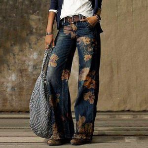 Jeans feminino Vintage 2023 Mulheres calças estampadas florais casuais calças de jeans longas streetwear 230422