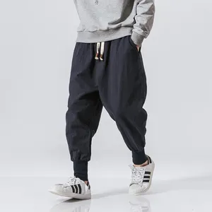 Men's Pants Cotton Linen Men Harem Solid Elastic Waist Streetwear Joggers 2023 Baggy Drop-crotch Harajuku Casual Trousers