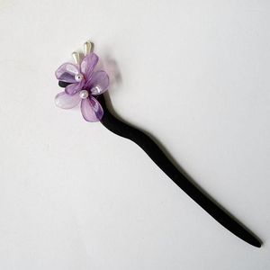 Hair Clips Purple Flower Wooden Sticks Forks Handmade Floral Hairpins Pearl Headpiece Chinese Accessories For Women