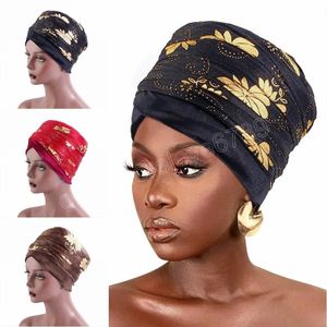 Women African Turban Hat Muslim Wrapped Scarf Beanie Cap Golden Print Ethnic Style Hijab Care Cap