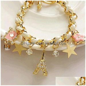 Charm Armbänder Mode Charm Armbänder Für Frauen Gold Stern Kristall Eiffelturm Poker Blume Armreif Frau Geflochtenes Leder Seil Manschette B Dhyhl