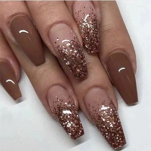 False Nails 24pcs Removeable With Glue Ballet Designs Gradient Shinny Brown Press On Coffin Glitter Fake