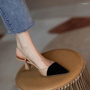 Sandálias femininas 2024 estilo francês dedo do pé quadrado fivela bloco de cor salto alto apontou sapatos de salto médio sexy bombas sandalias mujer