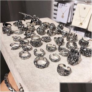 Band Rings Band Rings 20Pcs/Lot Vintage Punk Antique Sier Color Metal Skl Snake For Men Women Mix Style Party Gifts Adjustable Drop De Dh6Pc