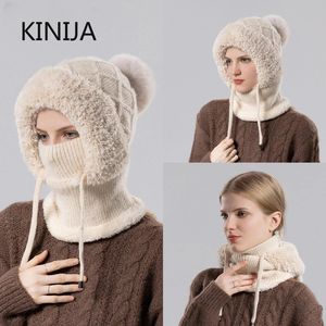 BeanieSkull Caps Women Winter Velvet Knitted Woolen Balaclava Hat Ear Protection fluffy Mask Neck Integrated Warmth Cover lady hooded cap 231122