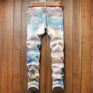 Jeans Europa och Amerika 2023 mode broderi fläckig bläck personlig smal passform elastisk mäns lilla fot rippad designer