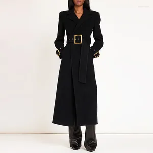 Women's Trench Coats Black Fashion Full Sleeve Slim Coat Jacket For Women Elegant V Neck Maxi Long Woolen With Belt Evening Party Blazers