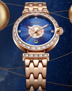 Relógios de pulso Rose Gold Mecânica Mulheres Relógio com Calendário Azul Dial Elegante Senhoras Vestido Relógios Automáticos Caso Cercado por 36 Zircões