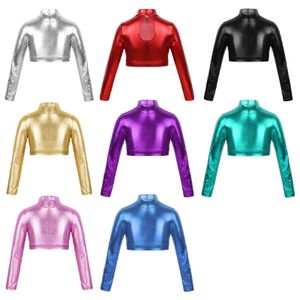 ベストキッドガールバレエダンス体操レオタード服光沢のあるメタリック長袖ワークアウトステージパフォーマンスダンスウェア230422のためのクロップトップ