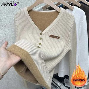 Women's Sweaters Thicken Warm Plus Velvet Winter Sweater Women Casual V-neck Button Decoration Design Basic Solid Knit Pullover Bottomed SweatersL231122