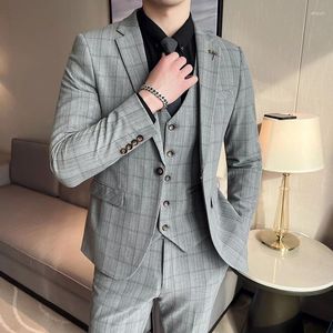 Ternos masculinos 3 peças blazer colete calças/2023 moda casual boutique negócios cor sólida xadrez noivo casamento formal vestido