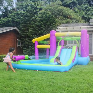 Kids Playground Set Water Slide Inflatable Jumping Toys Bounce House Jumper Castle with Slide Pool Splashing Gun Outdoor Play Fun in Garden Backyard Birthday Party