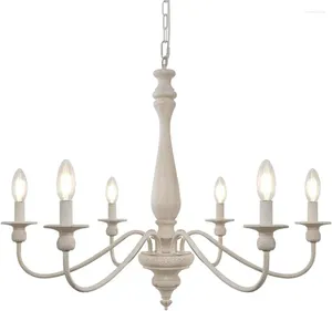 Chandeliers Cunfash Antique White Farmhouse Chandelier 6-Light 28'' French Country For Dining Room Light Fixture Rustic Wood