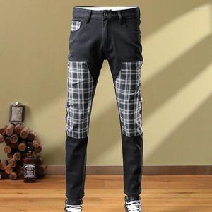 Mäns jeans rutigt tryckt lapptäcke svart mager 2023 hiphop slim fit män byxor streetwear byxor motorcykel