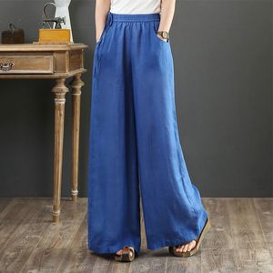 Kvinnors byxor capris vintage linne elastiska midja breda ben byxor kvinnor långa byxor sommar solid färg casual lös byxor kvinnliga boho kläder 230422