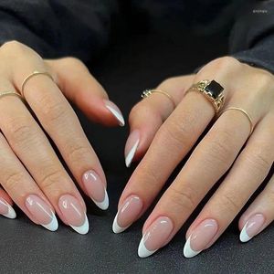 Yanlış Tırnaklar 24 PCS Basit Badem Parlak Beyaz Fransız Stiletto Sahte Söndürülebilir Oval Tam Kapak Basın Tip Manikür