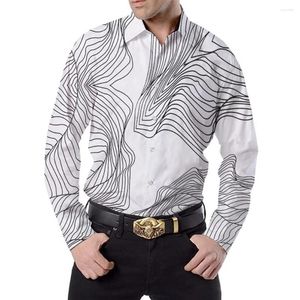 Camisas casuais masculinas moda linha abstrata impressa e blusas manga longa festa social vestir camisa tops roupas