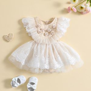 Kız Elbise Prenses Bebek Kız Romper Güzel Kollu Çiçek Dantel Tulumlar Doğdu Tül Meyes A-Line Playsuits Elbise 2 PCS Giysileri