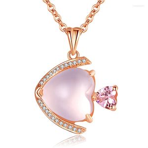 Pendant Necklaces Cute Little Fish Necklace CZ Crystal Pink Opal Chokers Rose Gold Color For Women Girls Ross Quartz Gift