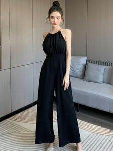 Women's Jumpsuits Rompers Korean Women Jumpsuits Black Vintage Sexy Chain Halter High Waist Party Club Lady Mujer Wide Leg Loose Rompers Summer 230422