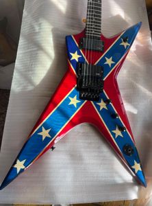 In Stock Dimbag Darrell Rebel Confederate Flag Red Electric Guitar Flame Maple Top Floyd Rose Tremolo Bridge Dime Razor Inlay Grover Tuners Black Hardware Whammy Bar