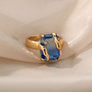 Bröllopsringar Blue Cubic Zircon Stone Ring For Women Rostfritt stål Square Geometry Finger Ring Party Accessories Jewelry Gift Bijoux Femme 231121