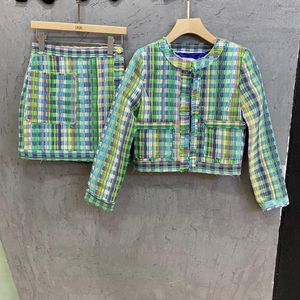 Arbetsklänningar 2023 Kvinnor Fashion Woven Green Plaid Suit Jacket Kjol 2-stycke Set 0614