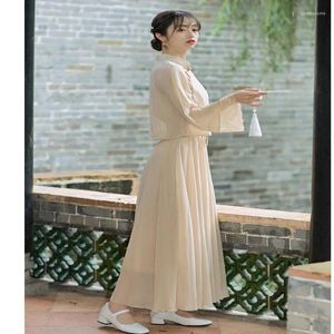 Casual Dresses Hanfu Women Chinese Style Long Qipao Ancient Costume Cheongsam Dress Tops And Vest Two Piece Set Daily Clothes