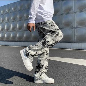 Men's Pants Mens Fashion Printed jeans Spring 2023 Mopping Trousers Jeans Korean Style High Street Loose Hip Hop Wide-leg Jean Pants G230422