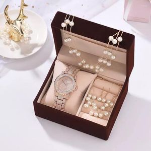 Relógios de pulso relógios de ouro rosa luxuosos set women diamante shinestone quartzo assistir colar pérola brinco de brinco de presentes