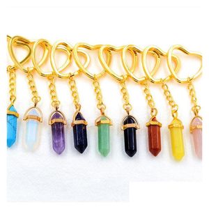 Keychains & Lanyards Gold Hexagon Prism Reiki Healing Natural Stone Keychains Chakra Amethyst Pink Rose Crystal Heart Key Rings Keyrin Dhcps