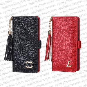 Leder Flip Phone Case Designer iPhone Hülle für iPhone 15 Pro Max Hüllen Apple iPhone 14 13 12 11 XR Xs Max 8P 14 Plus 15 Plus Hüllen Kartenhalter Brieftasche Mobile Cover Quasten