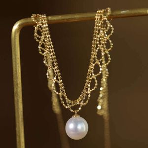 Xiy Gioielleria Raffinata Collana con Ciondolo con Perla in Oro Reale da Donna con Perline in Pizzo da 8,5 Mm