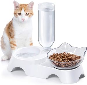 Double Dog Cat Bowls Pets Water and Food Bowl Set with Automatic Waterer Bottle for Small or Medium Size Dogs Cats