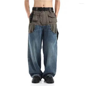 Мужские джинсы, винтажные лоскутные брюки с несколькими карманами для мужчин и женщин, свободные широкие прямые джинсовые брюки, функциональные стильные брюки