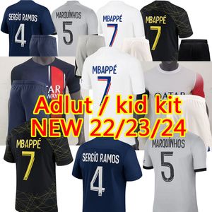 23 24 PSGS Mbappe Messis Soccer Jerseys Hakimi Sergio Ramos Verratti Marquinhos Футбольная рубашка Maillots Мужские взрослые детские набор