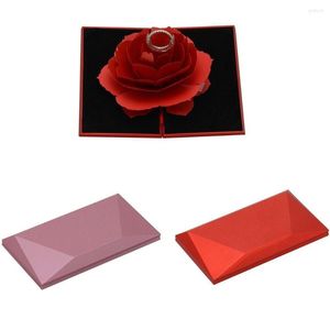 Bolsas de joias portáteis para casais propõem caixa de criatividade anel girando rosa flor 3d forma de coração