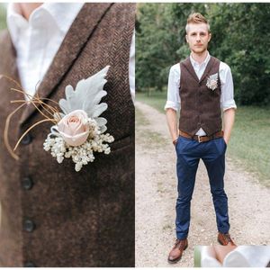 Groom Vests Farm Dark Brown Wool Herringbone T Custom Made Groomsmen Attire Slim Fit Mens Dress Prom Wedding Waistcoat Plus Size Dro Dht9R