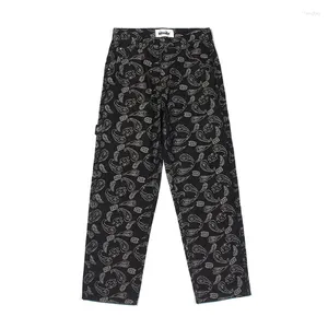 Dżinsy damskie proste mężczyźni kobiety chusta haft workowate dżinsowe spodnie Paisley Streetwear Casual szeroko nogi Pants Hip Hop