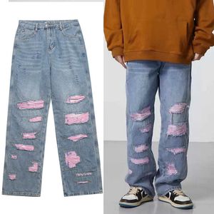 Calça masculina harajuku retro azul rosa esfarrapado jeans solto mens y2k streetwear vá punk de grande tamanho calças de mendigo casual feminino berd g230422