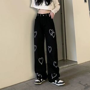 Jeans femininos streetwear moda mulheres preto perna larga jeans primavera outono coreano calças casuais hip hop harajuku cuidando solto calças retas 231122