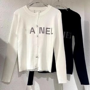 Women's Tops Tees V Neck Black White 2color Lettering Drill Small Jacquard Knitted Top Long Sleeve Tees Blouse