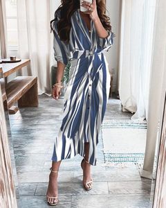 Casual Dresses Summer Long Sleeve V-neck Button Print Dress Maxi Women's