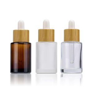 30ml frascos de perfume de óleo essencial de vidro de ombro plano transparente âmbar fosco 1oz frasco conta-gotas com tampa de bambu escrr