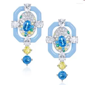 Dangle Earrings Geometric Brand Drop With Cubic Zirconia Stone Light Blue Enameled Color S925 Silver Er Pin Women Gorgeous Jewelry