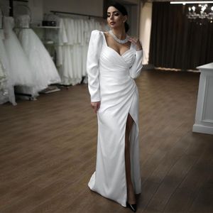 Elegant Mermaid Wedding Dresses V Neck Long Sleeve Pleat Bridal Gown for Women Side Split Robe De Mariee