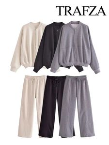 Pantaloni da donna a due pezzi TRAFZA Giacca bomber con cerniera Cappotto Felpa Set Fodera in lana calda invernale Elastico a vita alta 2 pezzi 231121