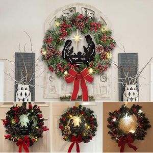 Decorative Flowers Lighted Nativity Scene Christmas Wreath With LED Light Battery Powered Front Door Decoration For