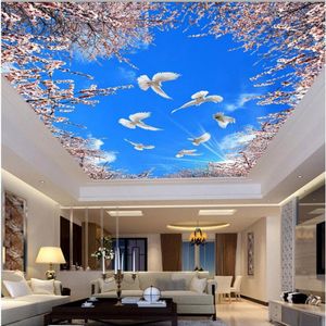 Papel de parede 3d personalizado po flor de cerejeira azul céu branco nuvem teto mural sala de estar decoração de casa murais de parede 3d papel de parede para wa307i